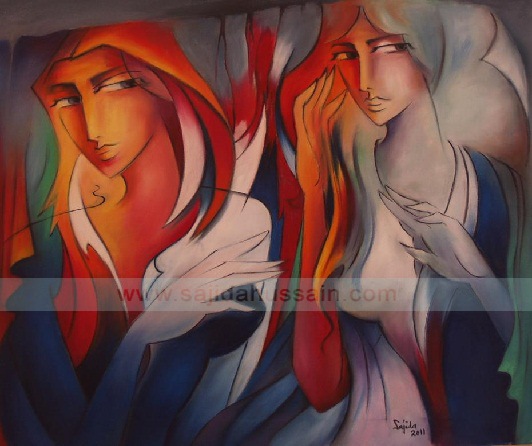 Figurative original oil painting on canvas by Fine Artist Sajida Hussain Lahore best paintings in Pakistan