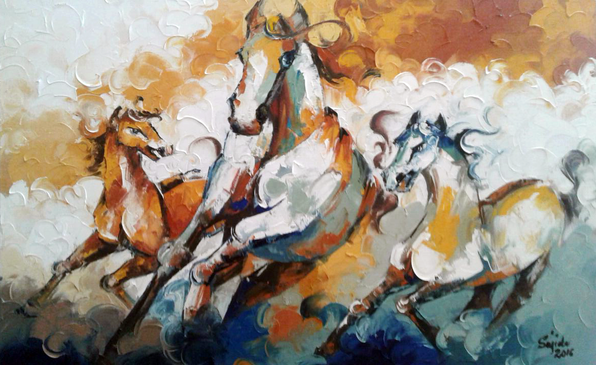 original horses oil painting on canvas by sajida hussain by Pakistani artist Karachi Pakistan, dubai art gallery, horse painting dubai, fine arts dubai